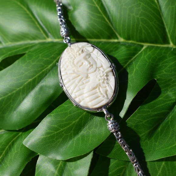Spiritual, Kismet, Buddha Jewelry - .925 Carved Bone Bali Goddess Buddha Reversible Bracelet 7.50"